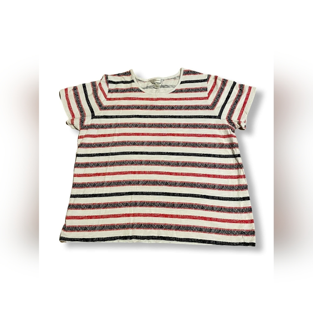 CJ Banks White with Black/Red Stripes Short-Sleeve Top, Size 1X